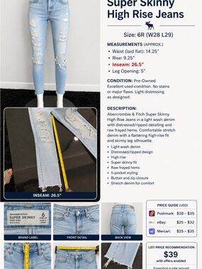 Abercrombie & Fitch Light Wash Distressed Super Skinny High Rise Jeans Size 6R